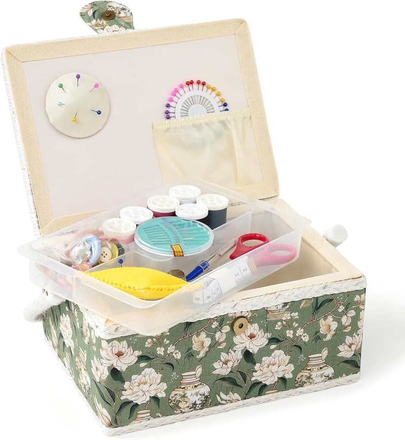 FOPUGT Sewing Basket - Medium Sewing Box for Sewing Supplies, Sewing Organizer Box Sewing Kit Storage Christmas Gift for Sewing Enthusiast (Bean Green) - Image 1